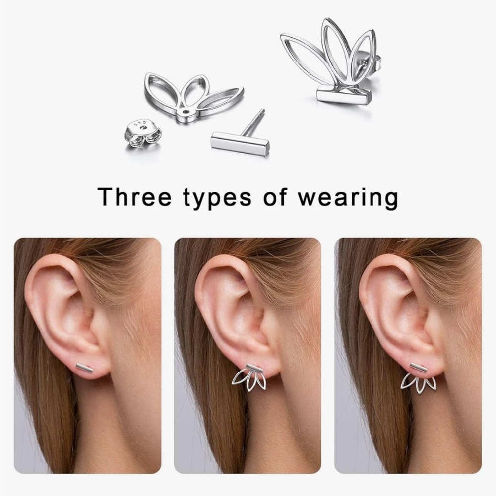 Lotus Flower Ear Jacket Pair Earrings - Gold Tone Bar Stud